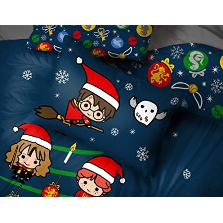 Warner Brother Harry Potter Christmas Charm & Cheer Blue Easy Care Reversibile Copripiumino con Federa con Licenza Ufficiale –