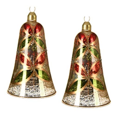 KAE - Set di 2 Palline per Albero di Natale, a Forma di Campana, Design Tradizionale, in Vetro al Mercurio, Colore: Rosso, Verde