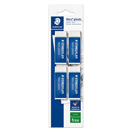 STAEDTLER confezione da 4 gomme per cancellare Mars Plastic, colore bianco, senza ftalati né lattice, ottime prestazioni e lung