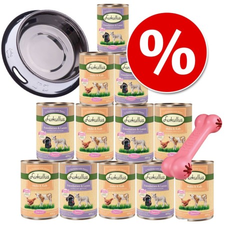 Welcome Kit Puppy & Junior Lukullus - Ciotola + Kong + 12 x 800 g gusti misti
