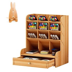 21 x 25,5 x 15 cm, organizer da scrivania in legno, multifunzione, portapenne, scrivania in legno, con cassetti e supporto per c