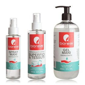 Set igienizzante. gel mani 500 ml - spray mani 100 ml - spray superici e tessuti 200 ml. Antibatterico. Con pantenolo e glicerin