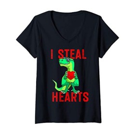 Donna Rubo Cuori San Valentino Dinosauro Ragazzi San Valentino Maglietta con Collo a V