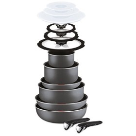 Lagostina Ingenio Essential Batteria di Pentole, 2 x Manico amovibile, Alluminio, 14 Pezzi, Nero