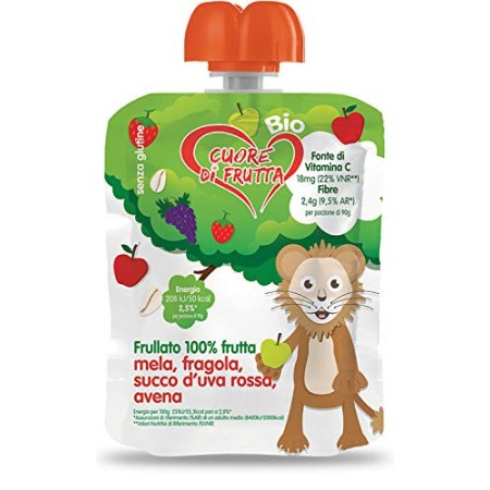 Cuore di Frutta Frullato di Frutta Bio, Mela, Fragola, Uva Rossa e Avena - Confezioni da 90G, 12 Unità