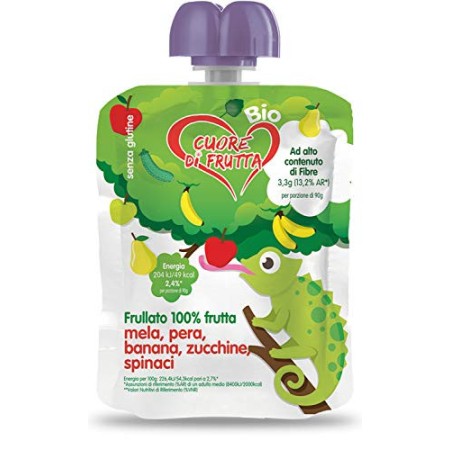 Cuore di Frutta Frullato di Frutta Bio, Mela, Pera, Banana, Zucchina e Spinaci - Confezioni da 90G, 12 Unità