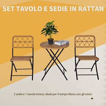 Outsunny Set 3 Pezzi Tavolino con Sedie da Giardino Pieghevoli Set da Esterno in Rattan Sintetico e Acciaio, Color Legno