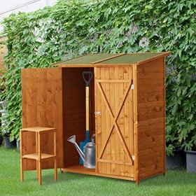 Outsunny Casetta da Giardino con Uno Sgabello e 2 Ripiani, Capanno in Legno Porta Attrezzi da Esterno, 140x75x160cm