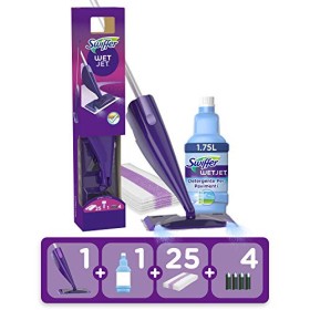 Swiffer WetJet Starter Kit Scopa Elettrica Lavapavimenti, 25 Panni Lavapavimenti, 2 Soluzioni Detergente, 4 Batterie Alcaline, O