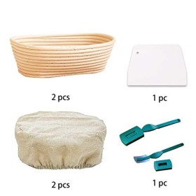 Set di 2 cestini per il pane e proofing Basket, rotondi, con spatola e set di lino, canna d'india, beige, ciotola in rattan fatt