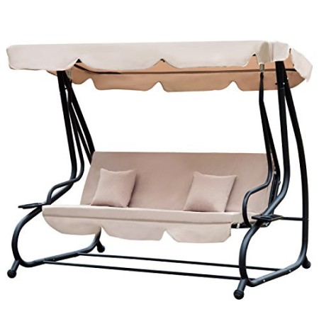 Outsunny Dondolo da Giardino 3 Posti Convertibile in Letto a Dondolo, Tetto e Struttura in Acciaio, 200x120x164cm Beige