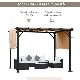 Outsunny Pergola Gazebo da Giardino in Acciaio con Tende Regolabili 305x305x220cm, Marrone Chiaro