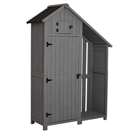 Outsunny Casetta Porta Attrezzi da Giardino in Legno di Abete Impermeabile con Ripiani e Legnaia, Grigia 129x51.5x180cm