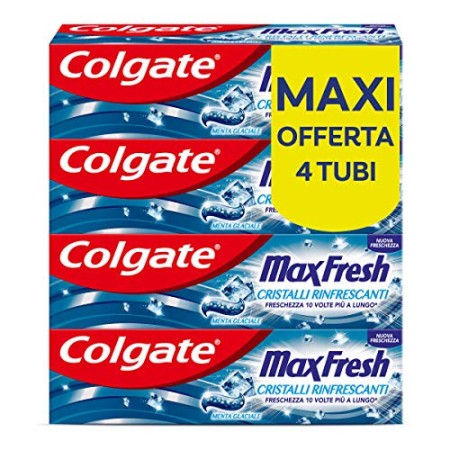 Colgate Dentifricio Max Fresh Cristalli Rinfrescanti, Freschezza 10 Volte A Lungo, Menta Glaciale, 4 x 75 ml