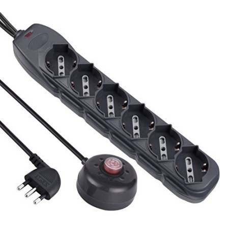 Electraline 62011 Multipresa Universale con Interruttore a Pedale, Cavo 1.5mt, 6 Prese Universali, Spina 16A, Grigio