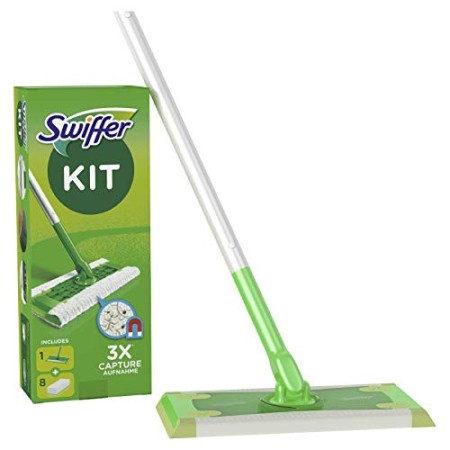 Swiffer Starter Kit Scopa con 1 Manico + 8 Panni di Ricambio, per Catturare e Intrappolare la Polvere