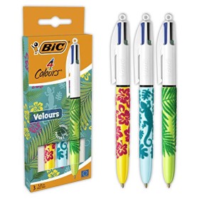BIC 4 Colori Velours - Penna a sfera con punta media, 1 mm, confezione da 3 pezzi, colori: blu, rosso, verde e nero
