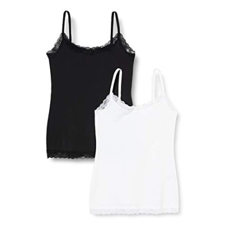 Marchio Amazon - Iris & Lilly Canotta con Pizzo Body Natural Donna, Pacco da 2, Multicolore (White/Black), XS, Label: XS
