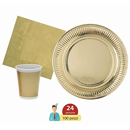 Ciao-Kit Party Tavola Oro persone (94 pezzi: 30 piatti Ø23cm, 24 bicchieri plastica 200ml, 40 tovaglioli carta 33x33cm), Single