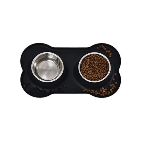 AmazonBasics - Set con due ciotole e base in silicone, a forma di osso, per animali domestici, colore: nero