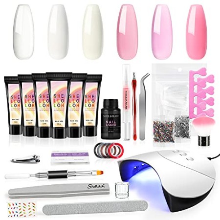 Shelloloh Kit Ricostruzione unghie, Poly Estensione Gel 6pz per Unghie Prolunga con 36W Unghia Lampada LED+UV con Base coat,Top 