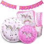 Amycute 98 Pezzi Stoviglie per Feste di Compleanno di Unicorno, Unicorno Piatti, Tovaglioli, Bicchieri, Cannucce, Coltelli, Forc