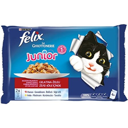 Felix Le Ghiottonerie Gatto Junior con Manzo e con Pollo, 4 x 100 g - Confezione da 10 Pezzi