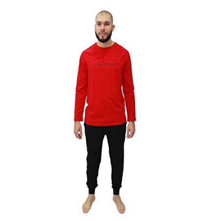 Calvin Klein Knit L/S Pant Set Pigiama, Topo Gala Rosso/Jogger Nero, XL Uomo