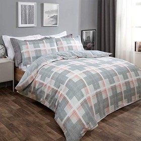 Dreamscene, set copripiumino reversibile con federa in tartan, colore rosa e grigio argento