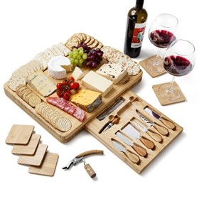 Tagliere da formaggio extra grande set di bambù includere sottobicchieri - Cassetto scorrevole con cavatappi, tappo per bottigl
