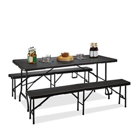 Relaxdays Set per Chiosco Birra in 3 Pezzi, Pieghevole, Modello Bastian, Rattan, Nero, 75.0x180.0x73.0 cm