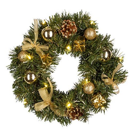 Idena Ghirlanda di Abete con 10 LED, 30 cm, Funzionamento a Batteria, Timer 6H, Decorazione Dorata