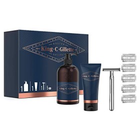 King C. Gillette Kit Regalo Rasoio di Sicurezza + 5 Lamette + Gel Trasparente 150ml + Detergente Viso e Barba 350ml, Idea Regalo