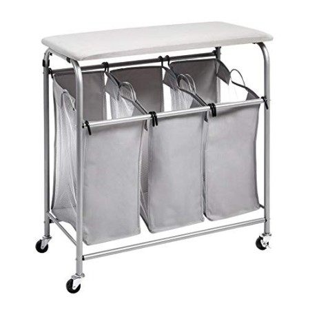 AmazonBasics - Carrello raccogli biancheria con 3 sacchi e asse da stiro da tavolo (colore grigio)