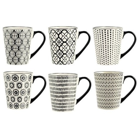 H&H Vhera Set 6 Tazze Mug, Stoneware, Crema/Nero, 350 ml