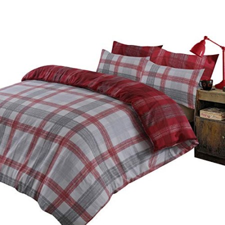 Dreamscene Boston - Set copripiumino con federa in 100% flanella di cotone spazzolato, reversibile, motivo tartan, colore: rosso