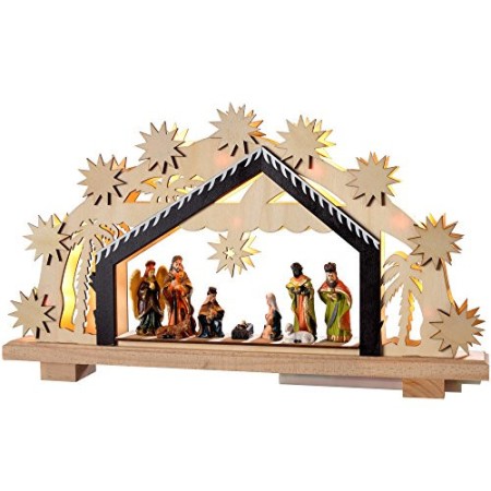 WeRChristmas 24 cm – presepe in legno, decorazione di Natale illuminato con 8 LED bianco caldo
