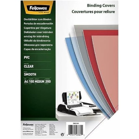 Fellowes Copertine per Rilegatrice in PVC trasparente, 200 mic, 100 Pezzi, A4