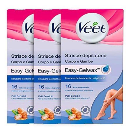 Veet Strisce Depilatorie Corpo e Gambe per Pelli Sensibili, 3 Confezioni da 16 Strisce