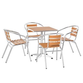 Outsunny Set Tavolo e 4 Sedie da Giardino e Terrazza, Arredamento da Esterno in Alluminio e Plastica, Colore Legno