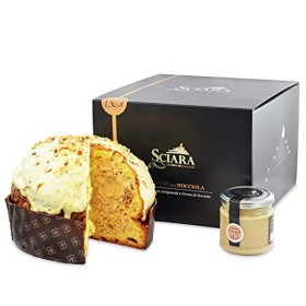 SCIARA - Panettone alla Nocciola 750 grammi con Crema di Nocciola vasetto 190 grammi, coronato da una golosa glassa di cioccolat