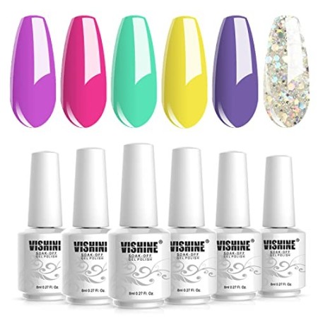 Vishine – Set di 6 smalti gel semi-permanenti, colori giallo rosa turchese Soak Off UV LED Nail Polish ideale regalo 8 ml