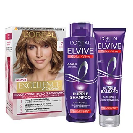 L'Oréal Paris Kit Cura & Colore Capelli Biondo, Box con Tinta Capelli Excellence Biondo 7, Shampoo e Balsamo Anti-Giallo Color 