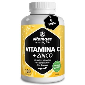 Vitamaze® Vitamina C Pura 1000 mg Alto Dosaggio + Zinco, 180 Compresse Vegan per 6 Mesi, Vitamin C Dose Forte, Qualità Tedesca