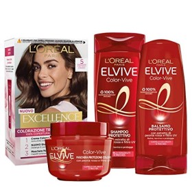 L'Oréal Paris Kit Cura & Colore Capelli Castano, Box con Tinta Capelli Excellence Castano Chiaro 5, Shampoo, Balsamo e Maschera