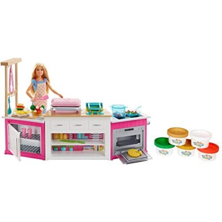 Barbie FRH73 - Cucina da Sogno con Bambola, 5 Aree di Gioco, Pasta Modellabile, Luci e Suoni, Giocattolo per Bambini 4 + Anni, I