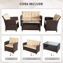 Outsunny Set Mobili da Giardino 4 Pezzi in Rattan PE e Tavolino, Divano e Poltrone Imbottiti Marrone e Beige 124x68x76cm