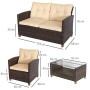 Outsunny Set Mobili da Giardino 4 Pezzi in Rattan PE e Tavolino, Divano e Poltrone Imbottiti Marrone e Beige 124x68x76cm