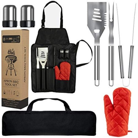 Set Barbecue Professionale 7 Pezzi In Acciaio Inox - Grembiule + Accessori E Guanto Kit Bbq Ideale Per Casa O Campeggio Insieme 