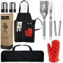 Set Barbecue Professionale 7 Pezzi In Acciaio Inox - Grembiule + Accessori E Guanto Kit Bbq Ideale Per Casa O Campeggio Insieme 